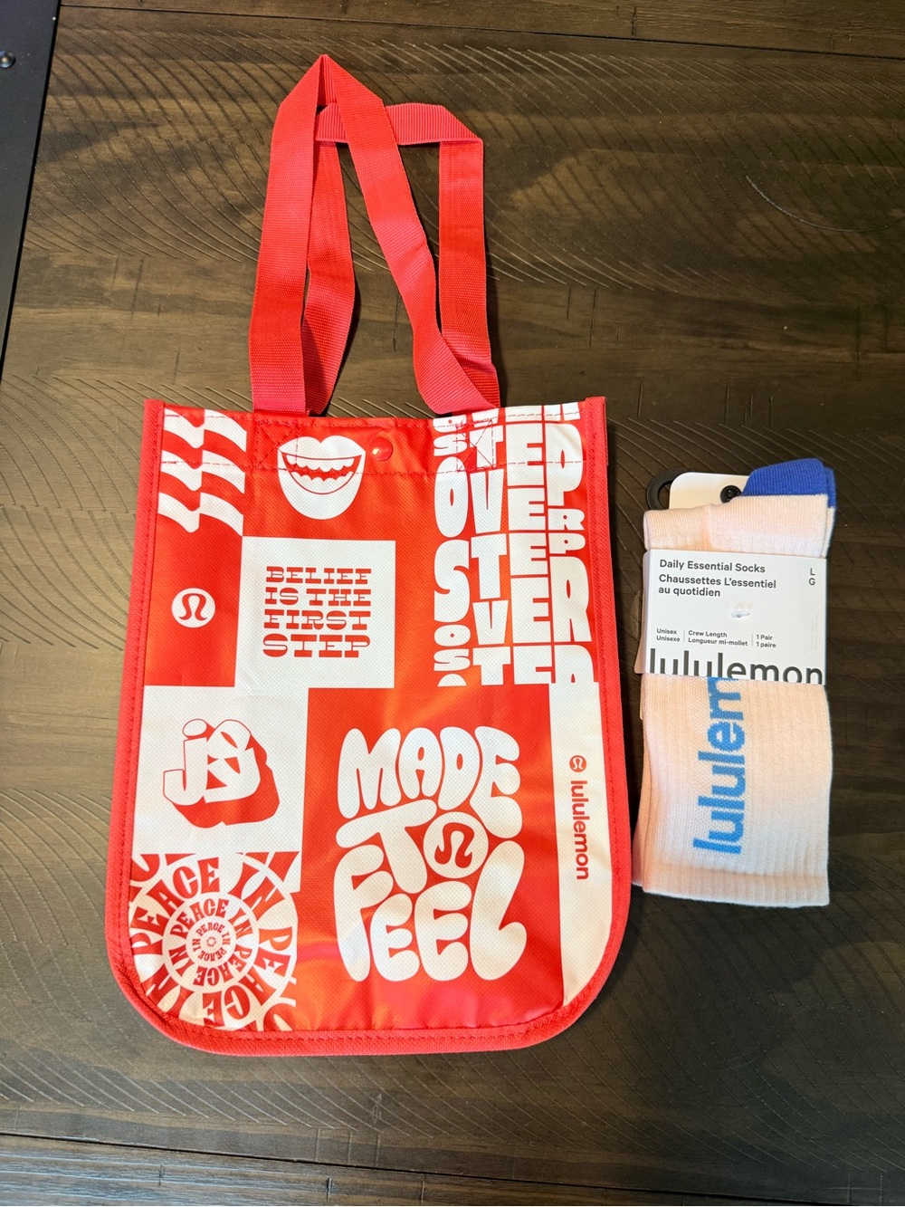 Pink & Blue Lululemon Crew Socks
w/Bonus Ref and White Lulu Shopping Tote